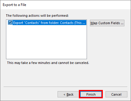 Click Finish to export contacts from Outlook