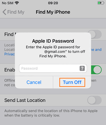 Disable find my iphone Enter your Apple ID