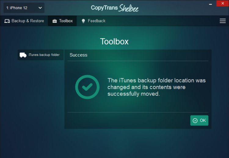 iTunes backup folder moved successfully