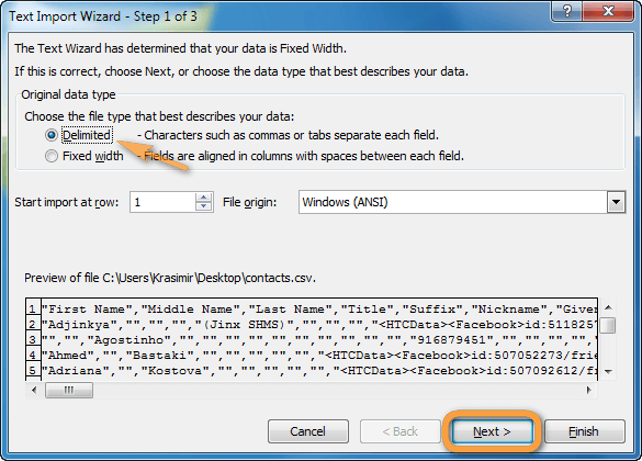 text import wizard in excel 1st step delimited