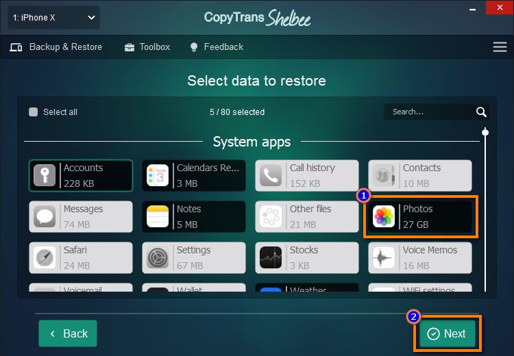 Select data to restore in CopyTrans Shelbee