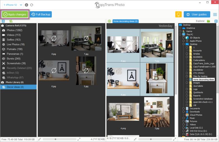 Click Apply changes to finish transferring photos from pc to ipad, iphone