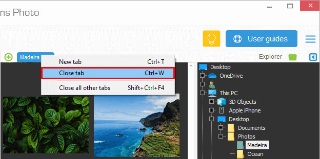 Close PC tab button in CopyTrans Photo