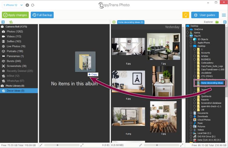 Drag and drop albums to iPhone with CopyTrans Photo
