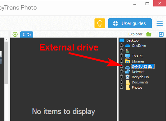 CopyTrans Photo external drive selection