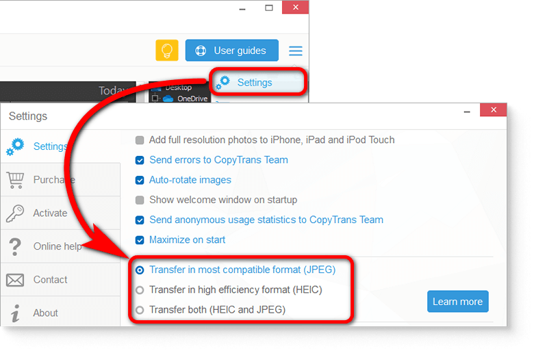 CopyTrans Photo file format options