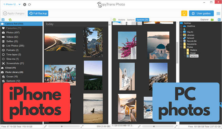 Device photo library appears on the left, PC folders appear on the right