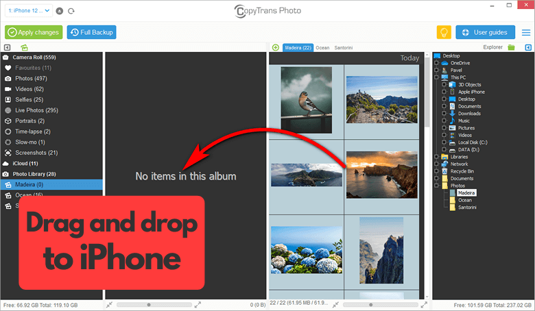 Drag and drop photos from PC to iPhone using CopyTrans Photo