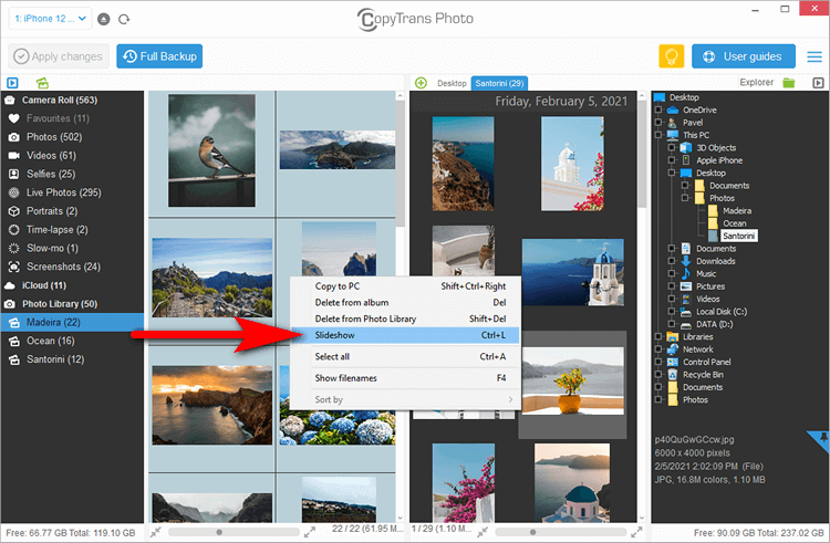 CopyTrans Photo context menu with the Start slideshow button