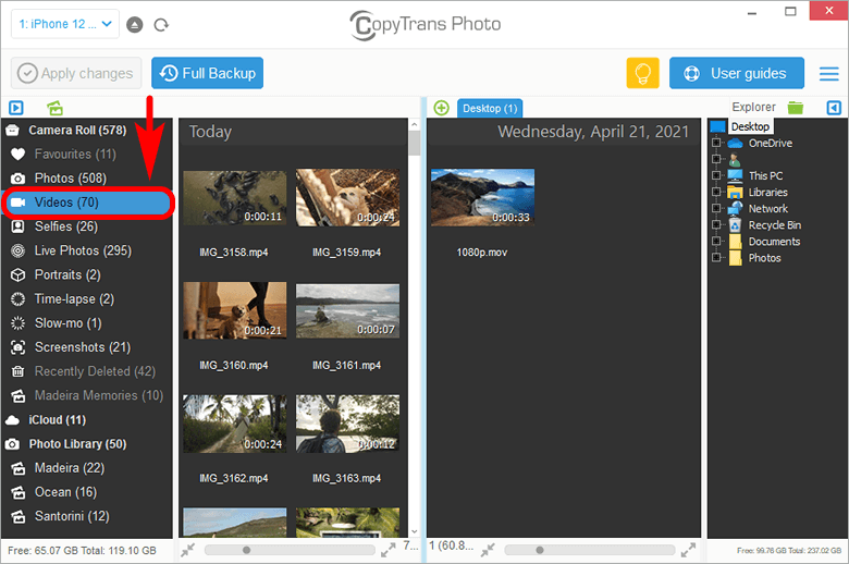 Selecting the iPhone videos folder in CopyTrans Photo