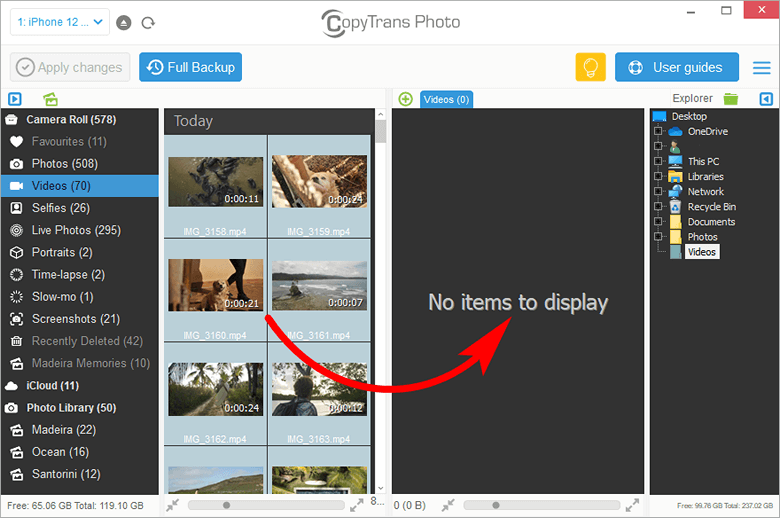 Drag and dropping iPhone videos to PC in CopyTrans Photo