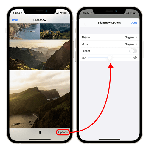 iPhone slideshow and settings