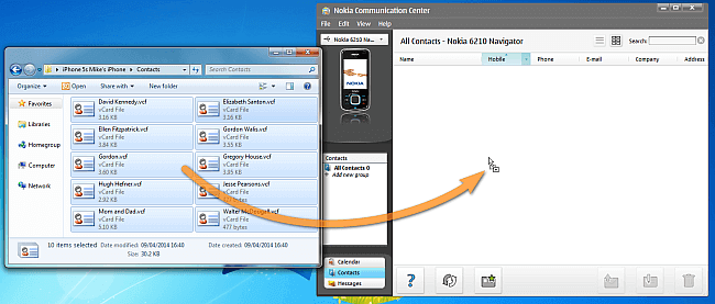 Drag and drop contacts to Nokia communication center 