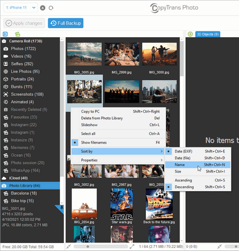 How to organize pictures on iPhone by date, name or size in CopyTrans Photo