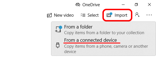 Import function in Windows Photos app