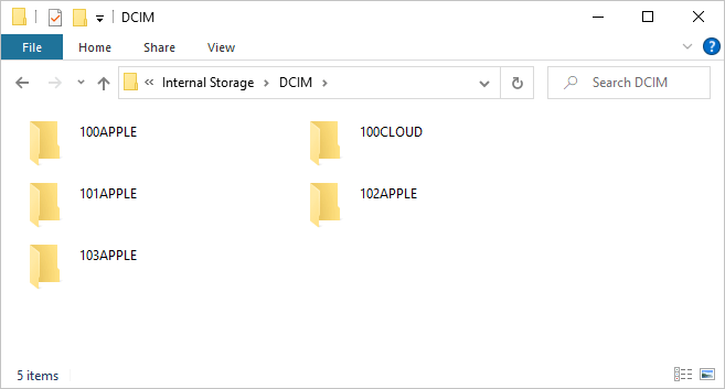 iPhone DCIM folder in Windows Explorer