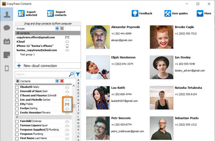 Contacts listed in CopyTrans Contacts main window