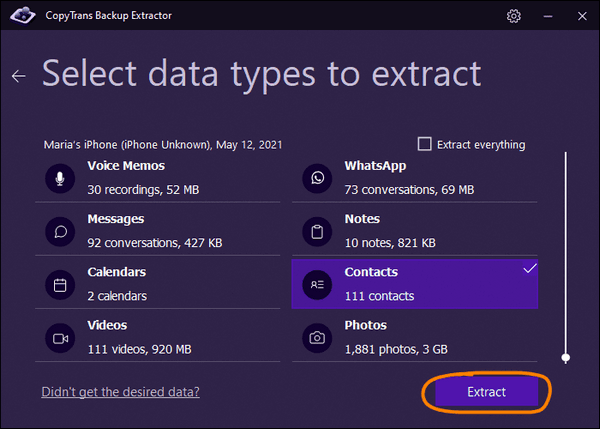 How to retrieve deleted contacts to computer with CopyTrans Backup Extractor