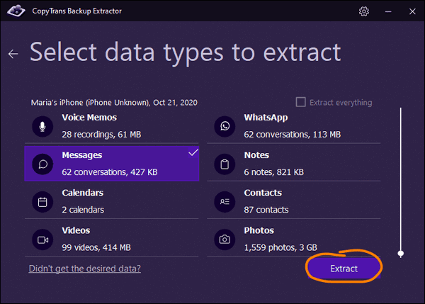 Select the destination folder with CopyTrans Backup Extractor