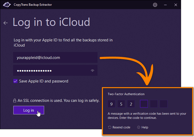 Log in to iCloud in CopyTrans Backup Extractor