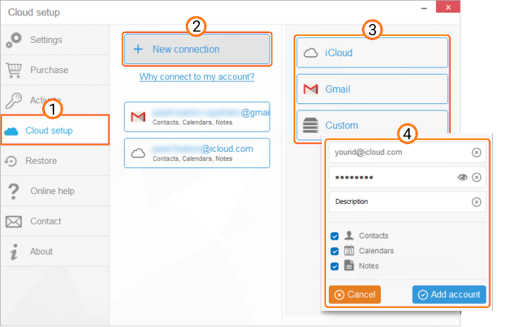 Add cloud account in copytrans contacts