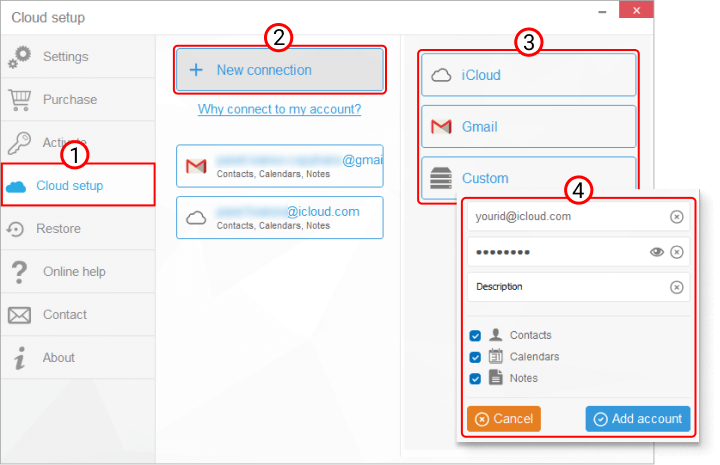 Process of connecting a cloud account in CopyTrans Contacts