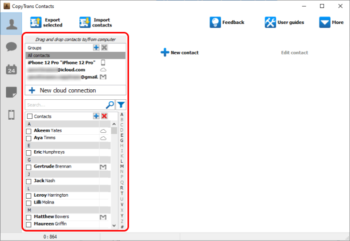 CopyTrans Contacts main interface with iPhone contacts