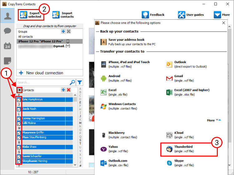 Exporting iPhone contacts to Thunderbird in CopyTrans Contacts