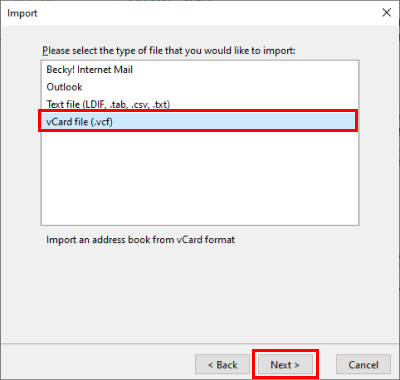 Selecting vCard file format