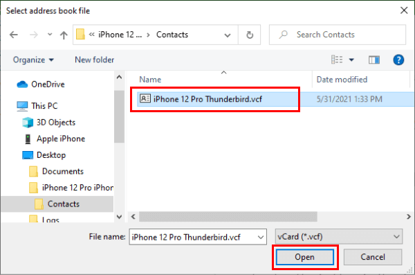 Opening a vCard file to import contacts to Thunderbird