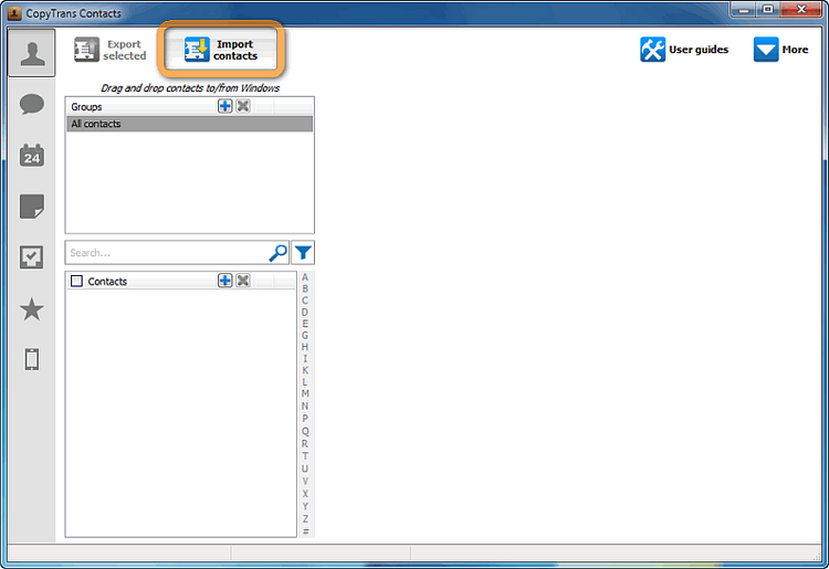 main copytrans contacts window with import contacts button selected