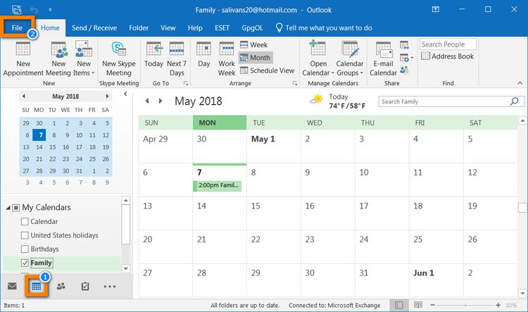 Navigate to Calendar view and click on the File tab