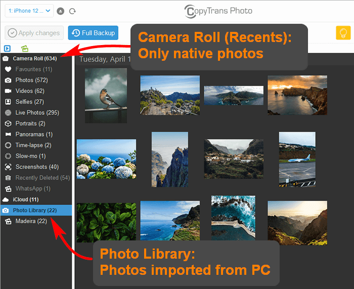 Camera Roll vs Photo Library in CopyTrans Photo interface