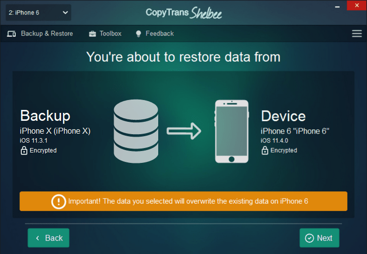 Confirm the restore in CopyTrans Shelbee
