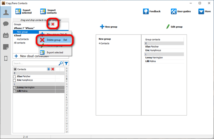 Delete group in CopyTrans Contacts