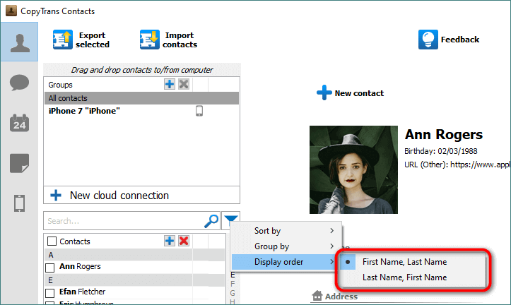 Display order options in CopyTrans Contacts