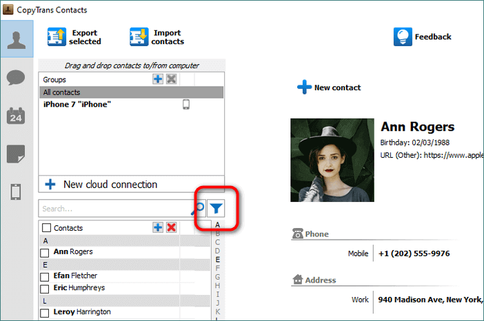 Click funnel button in CopyTrans Contacts