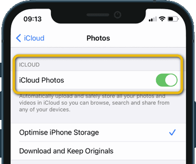 Check if iCloud Photos is enabled in iPhone settings