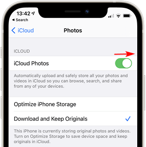 Enable iCloud Photos in iPhone settings