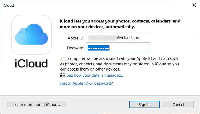 Log in to iCloud for Windows