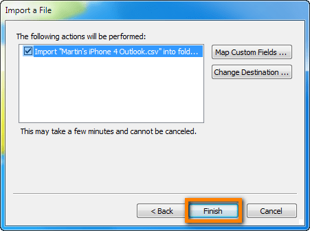 Import CSV to Outlook click finish