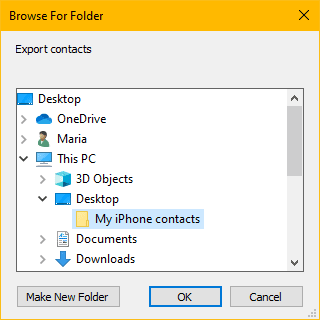 Select a folder for exporting contacts