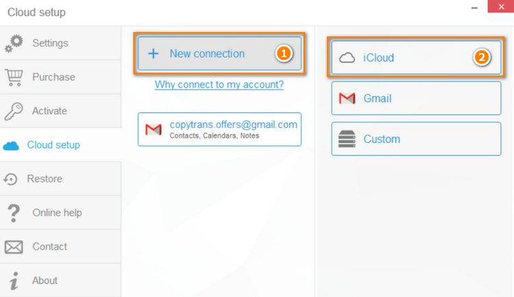 cloud setup window in copytrans contacts to add new connection