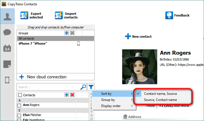 Sort order options in CopyTrans Contacts