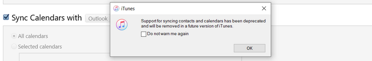 support for syncing contacts and calendars has been deprecated