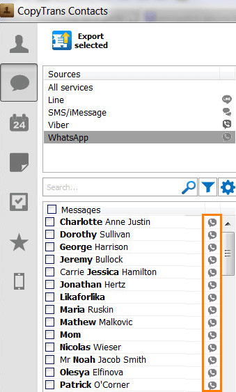 WhatsApp, Line, Viber and sms messaging services are all in CopyTrans Contacts