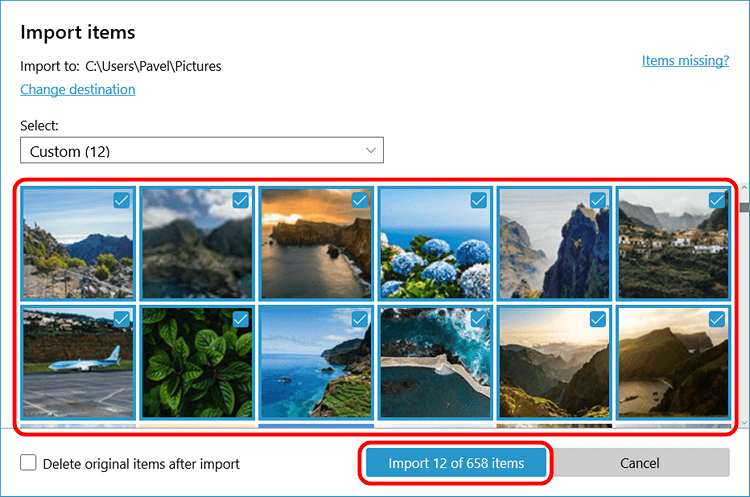 Selecting photos to be imported in Windows Photos app