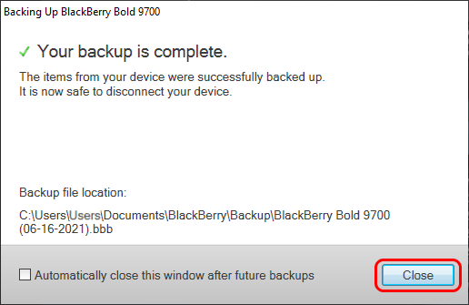 BlackBerry backup completed