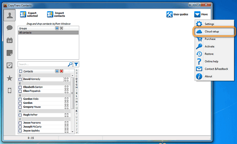 Cloud setup in CopyTrans Contacts