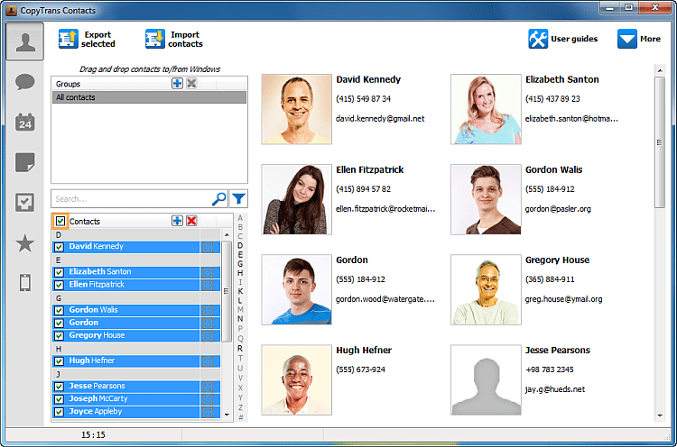 Exchange contacts selected in the main program window